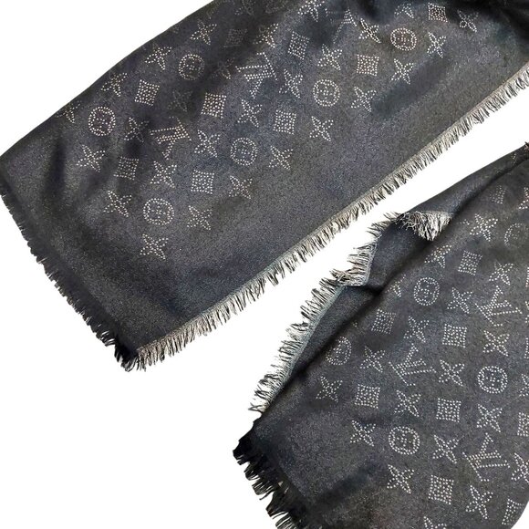 LOUIS VUITTON LV Vintage Black & Silver Cashmere Monogram Scarf Shawl Wrap - Picture 4 of 16